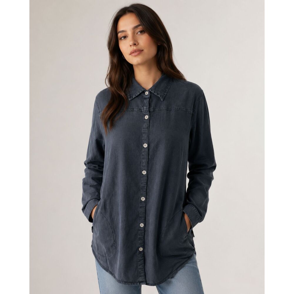 D&Co Denim Lyocell Button Down Shirt Dress Minimalist Chambray Tunic XS